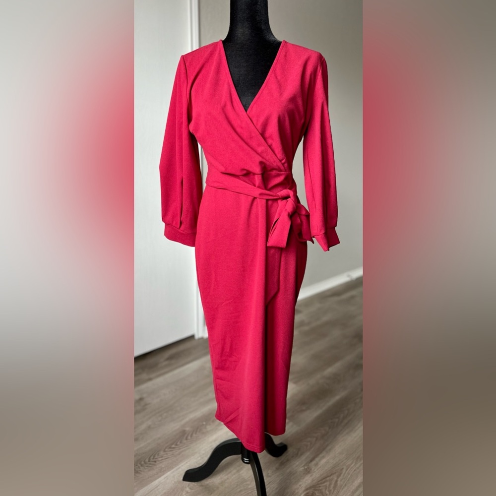 SHEIN Red Long Sleeve Faux Wrap Dress
